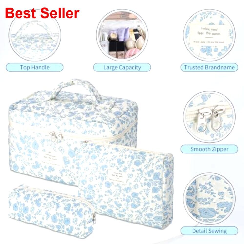 Large Cotton Quilted Makeup Bag Set, 3 Pack Travel Organizer for Women - Picture 3 of 7